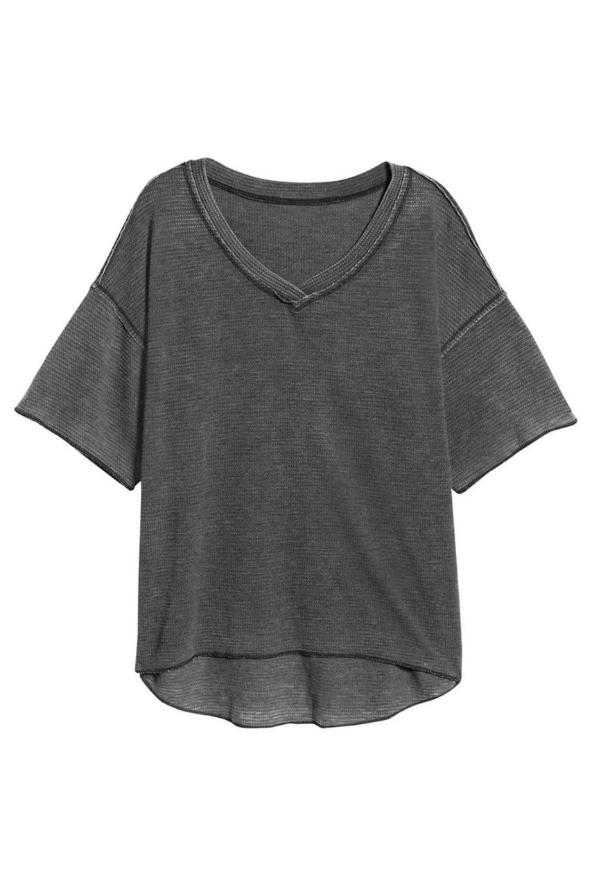 Gray Waffle Knit Seamed Half Sleeve V Neck Top