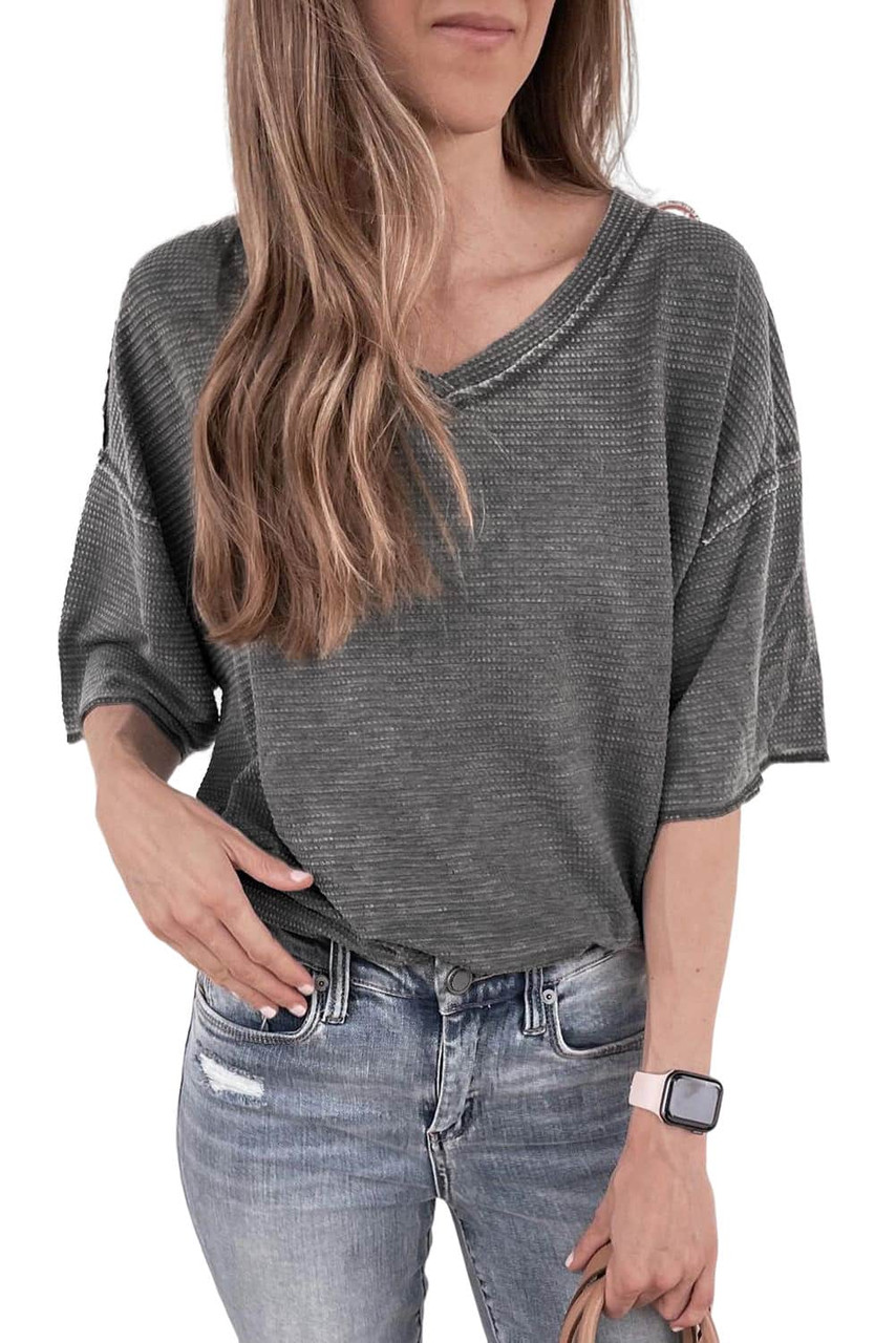 Gray Waffle Knit Seamed Half Sleeve V Neck Top