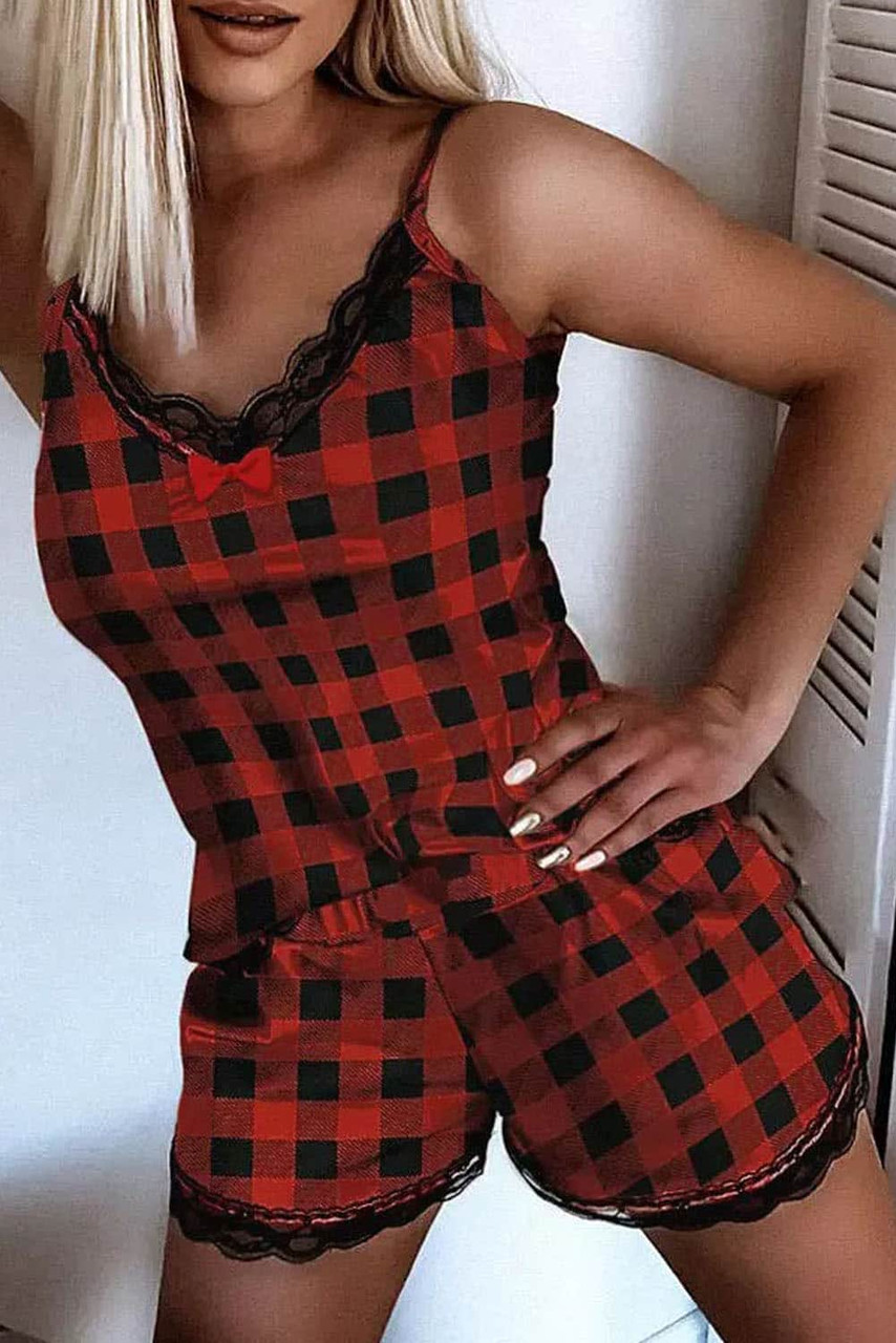 Red Plaid Lace Trim Tank Top and Shorts Lounge Set