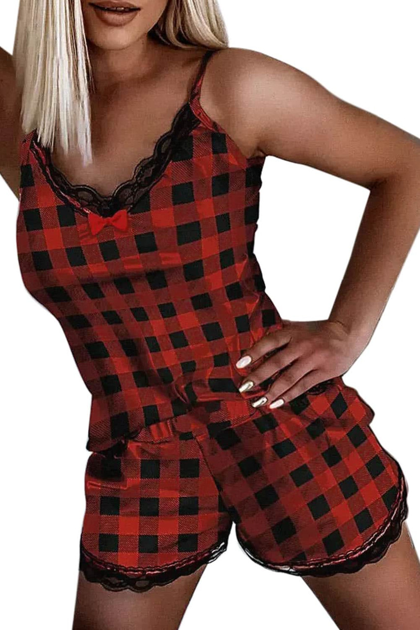 Red Plaid Lace Trim Tank Top and Shorts Lounge Set