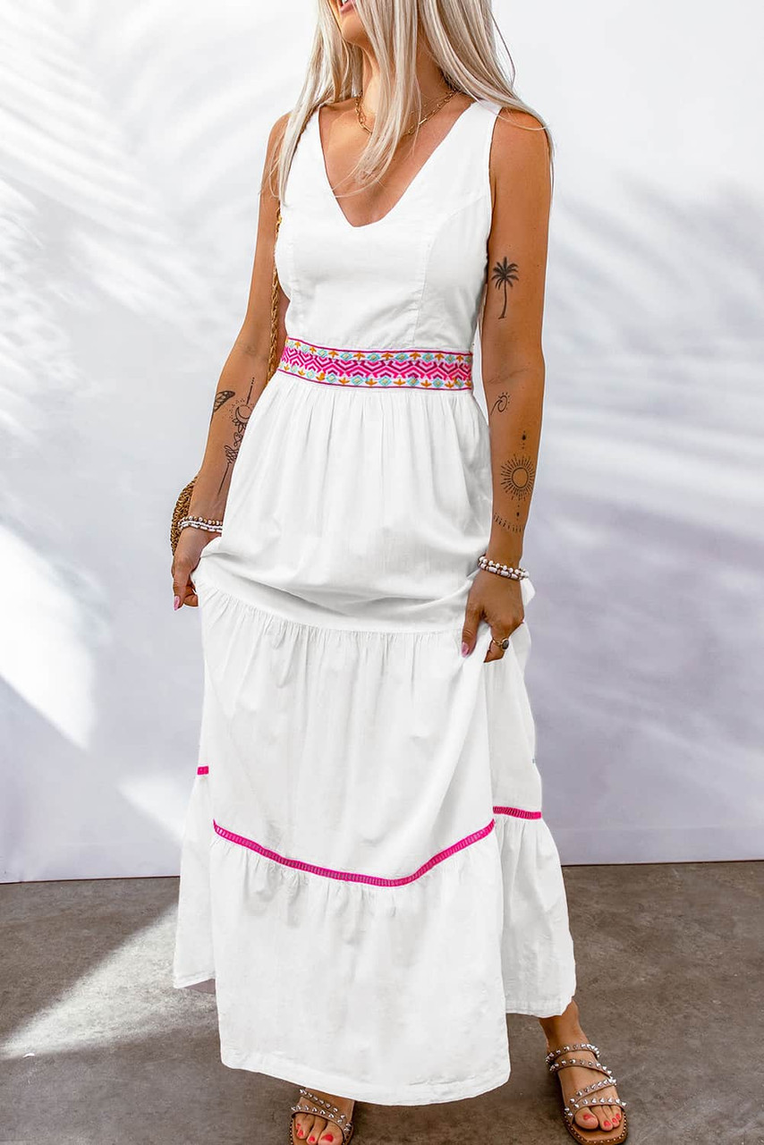 White Embroidered Back Knot Sleeveless Maxi Dress