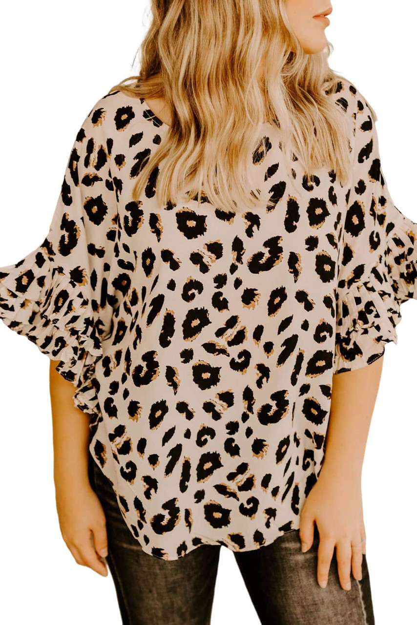 Apricot Leopard Print Ruffle Trim Batwing Sleeve Blouse