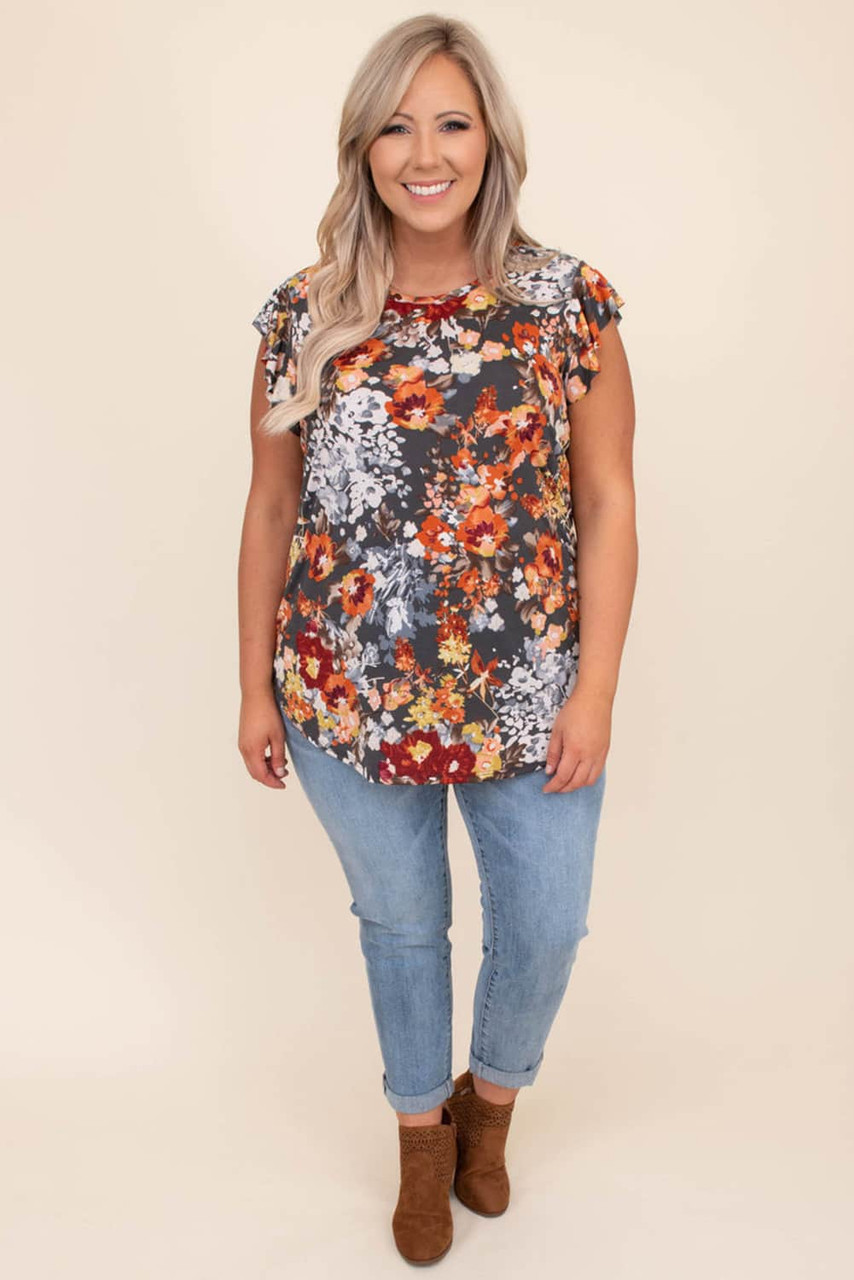 Multicolor Vintage Floral Flutter Sleeve Plus Top