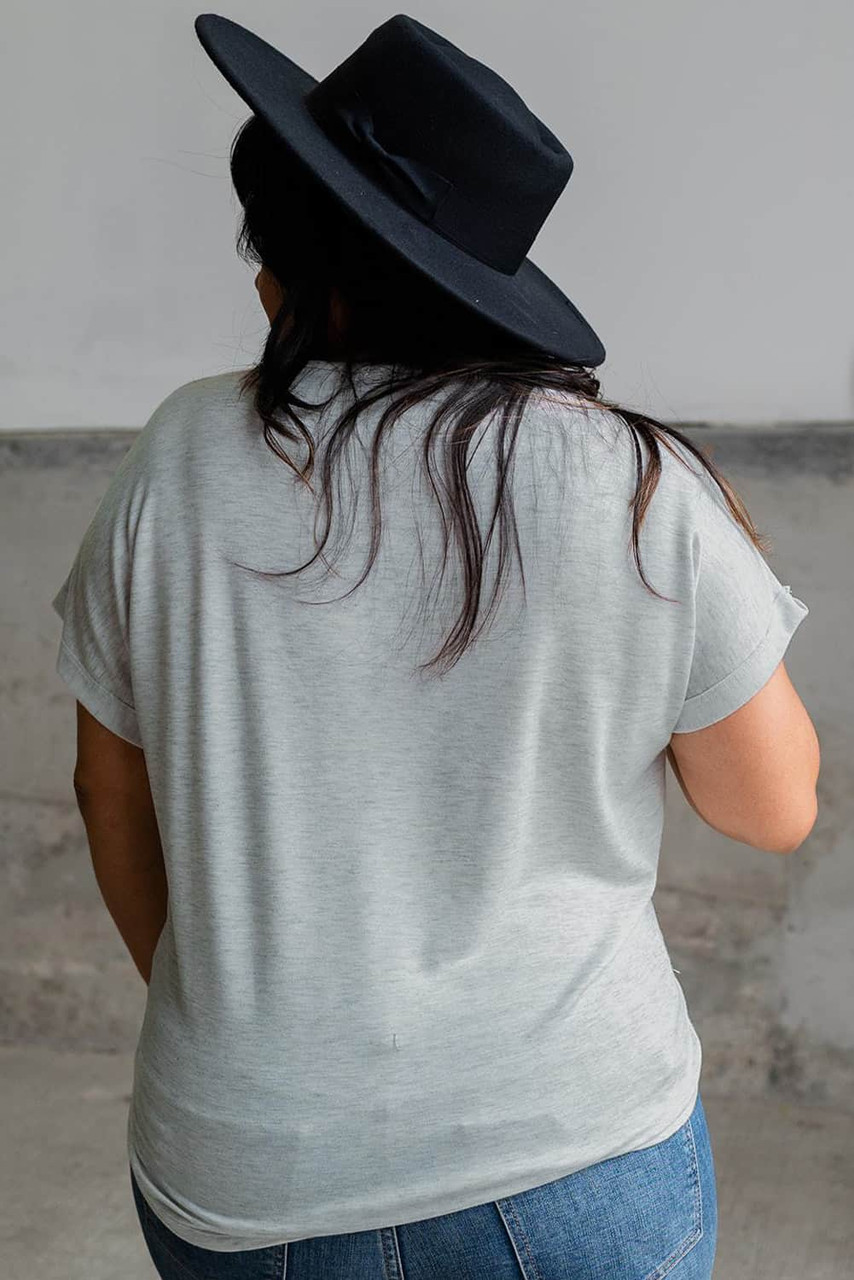 Gray V Neckline Buttoned Detail T-shirt