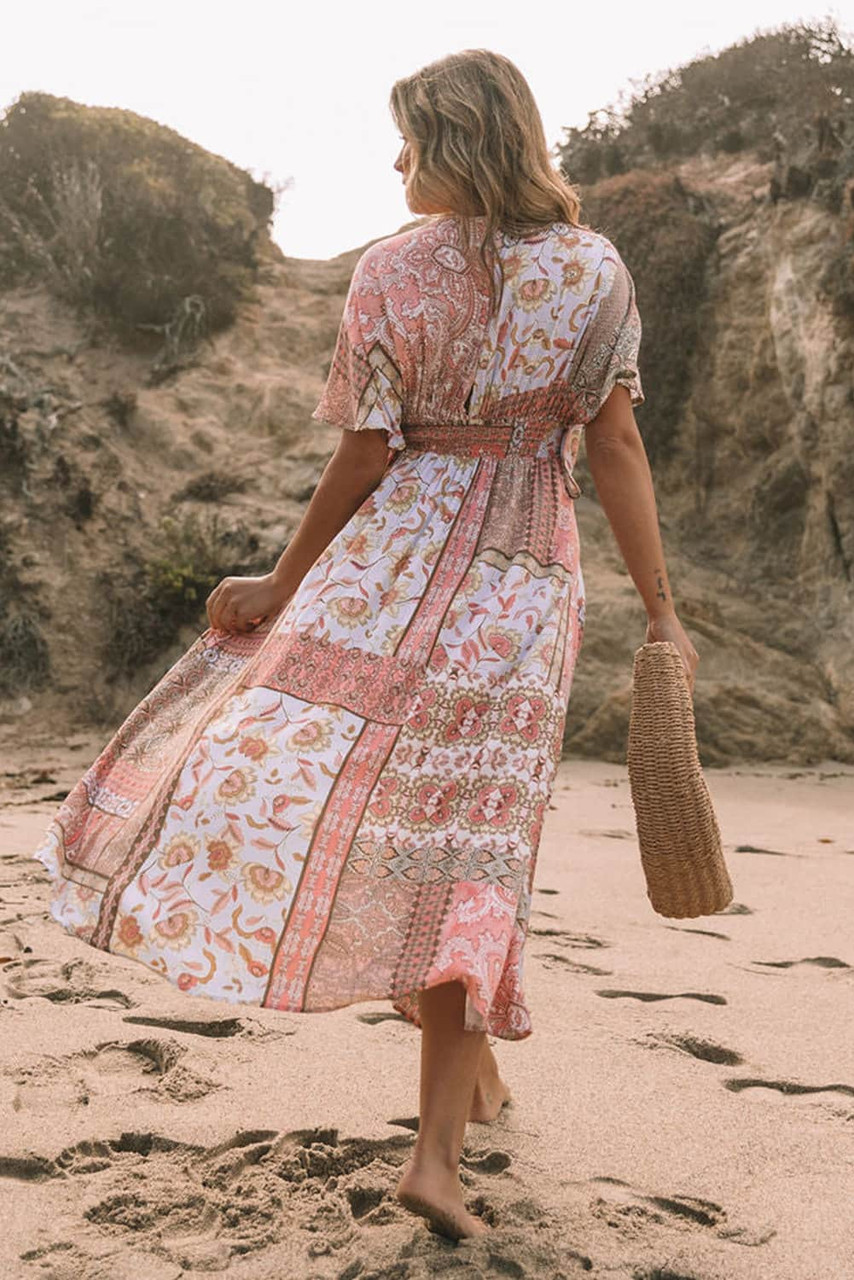 Red Boho Print Deep V Kimono Sleeves Beach Dress with Split