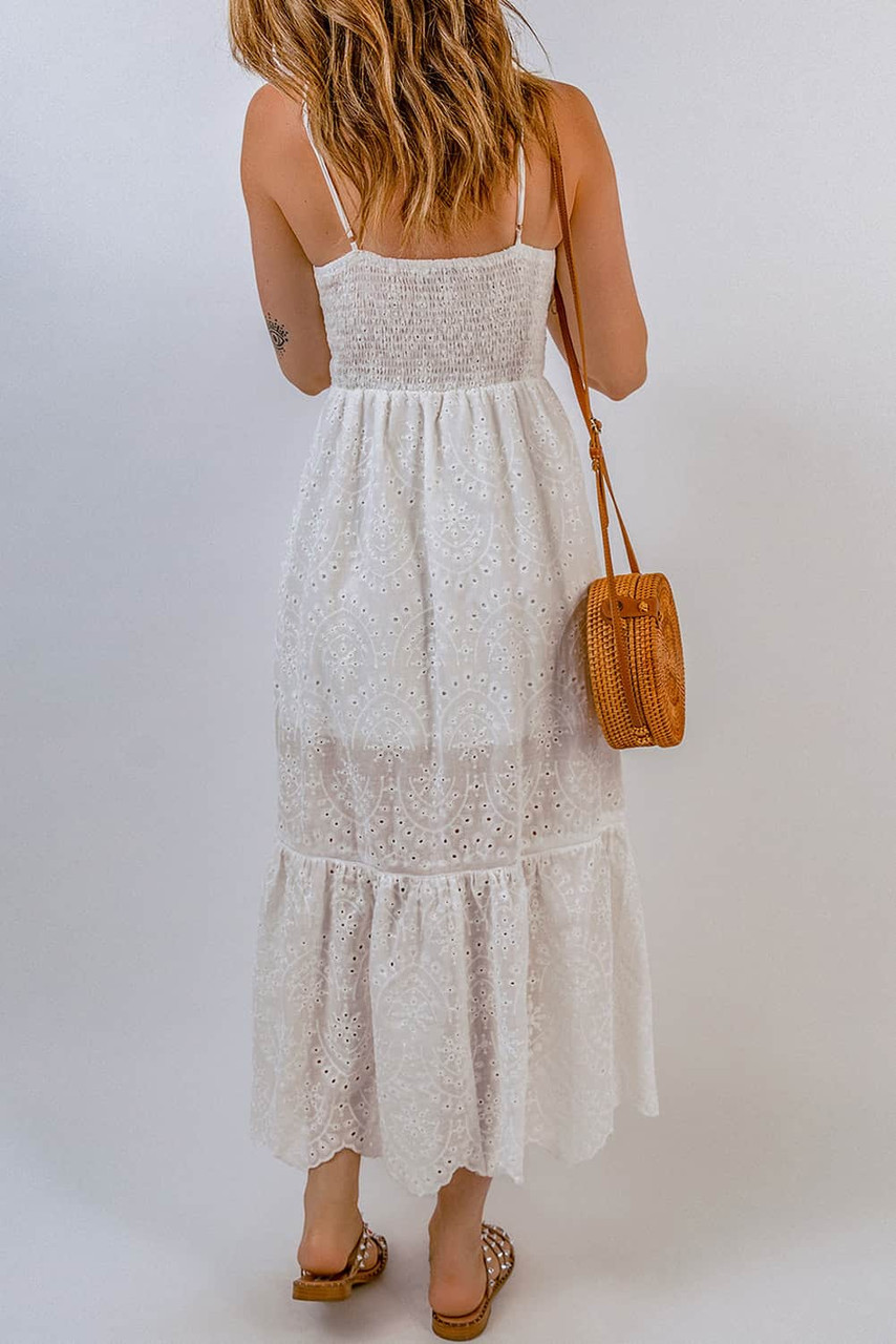 White Embroidered Spaghetti Straps Maxi Dress with Pearls