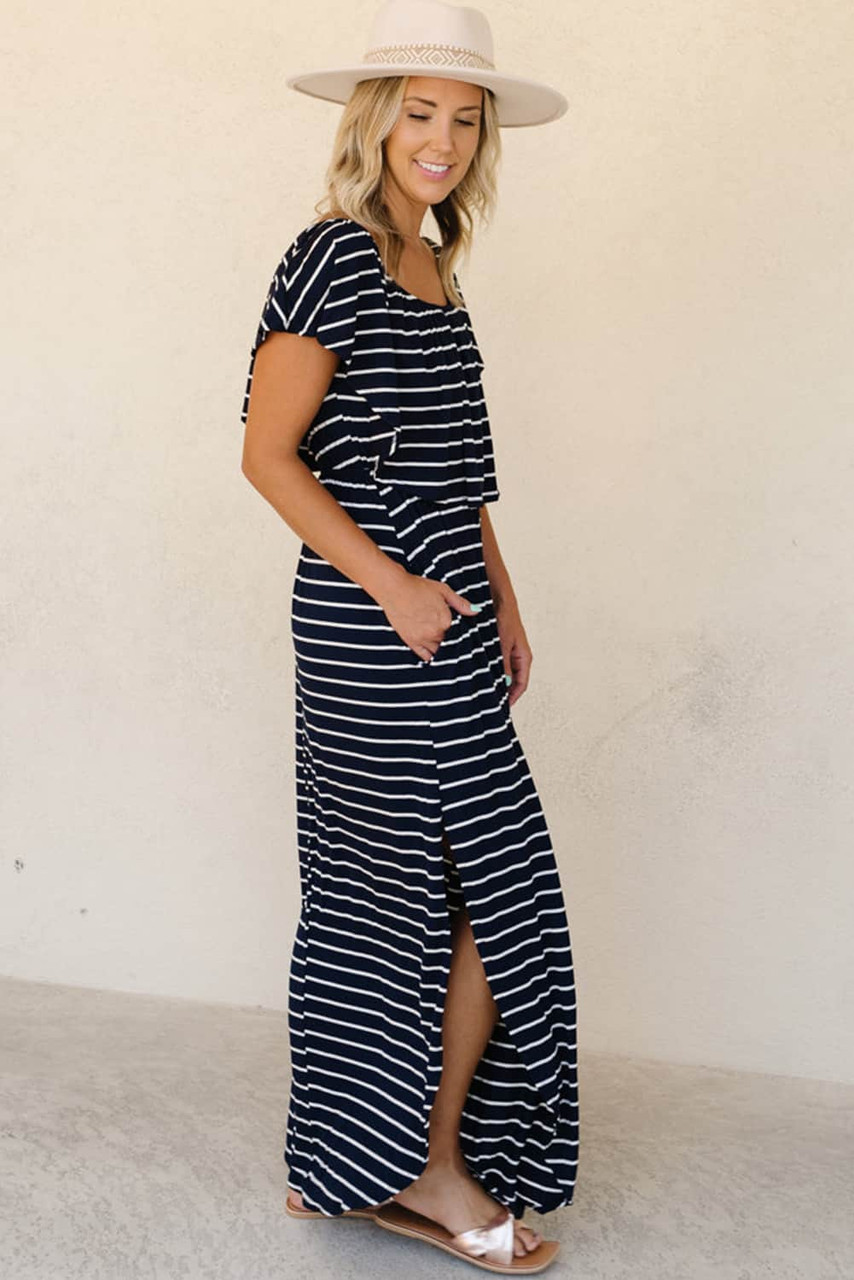 Blue Striped Print Ruffled High Waist Maxi Dress with Side Splits