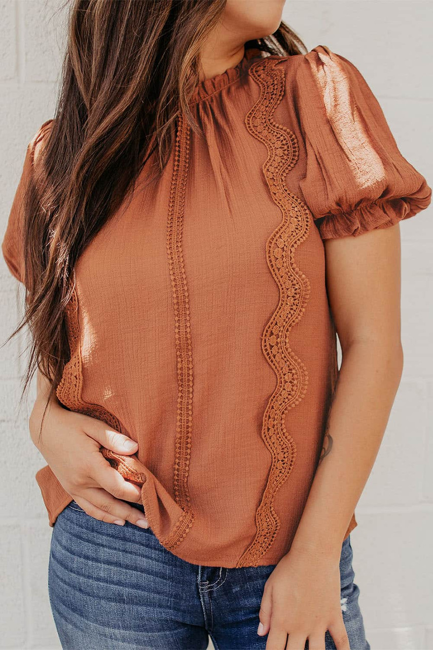 Brown Crochet Frilled Neck Puff Sleeve Blouse
