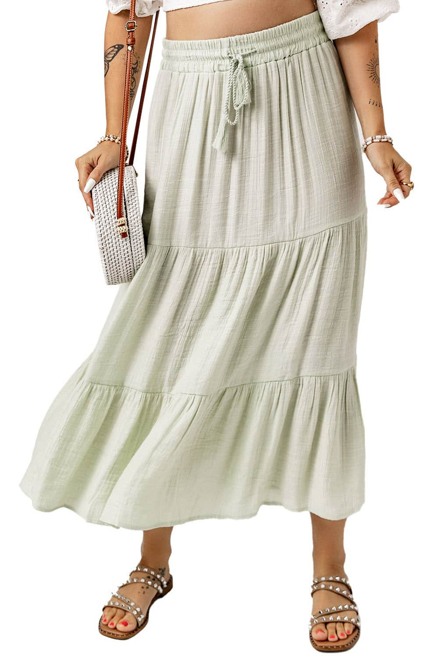 Green Drawstring High Waist Tiered Long Skirt