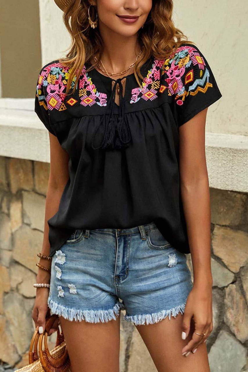 Black Geometric Floret Embroidered Short Sleeve Blouse