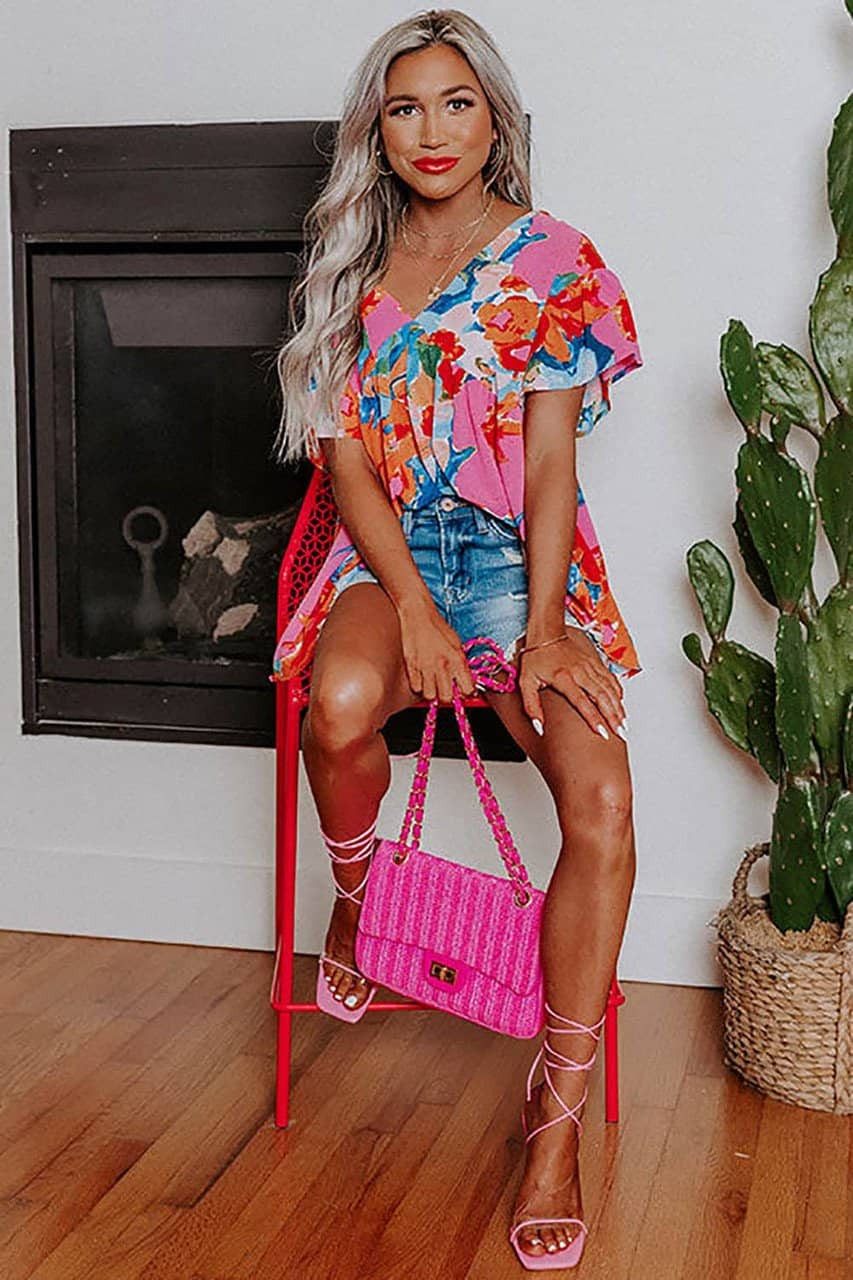 Pink Abstract Print V Neck Flutter Sleeve Blouse Pink Abstract Print V Neck Flutter Sleeve Blouse