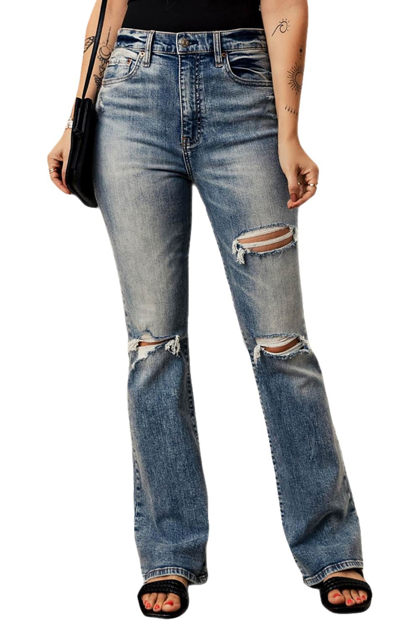 Blue Vintage Wash Open Knee Ripped Jeans