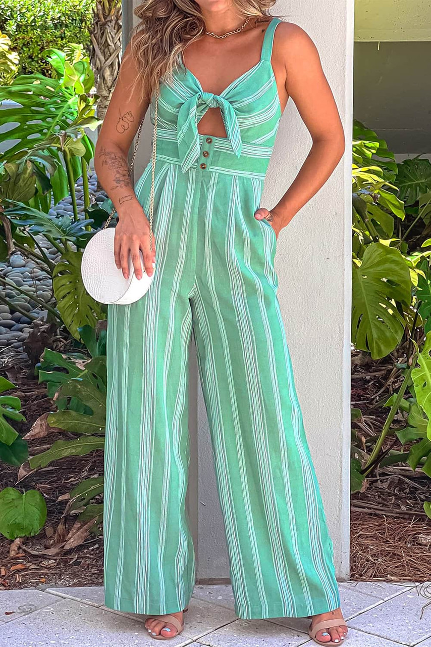 Green Striped Tie Front Wide Leg Jumpsuit