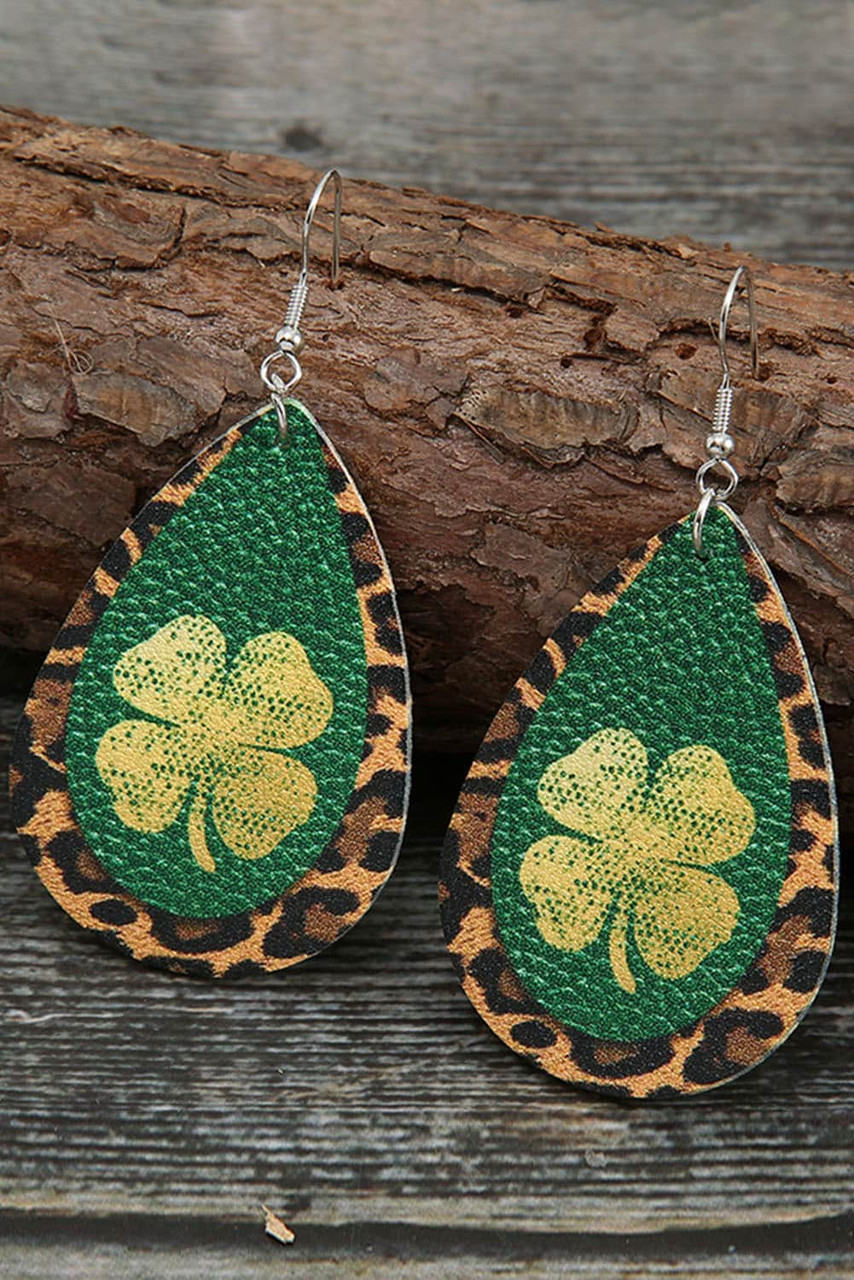Green St. Patrick Shamrock Leopard Faux Leather Earrings