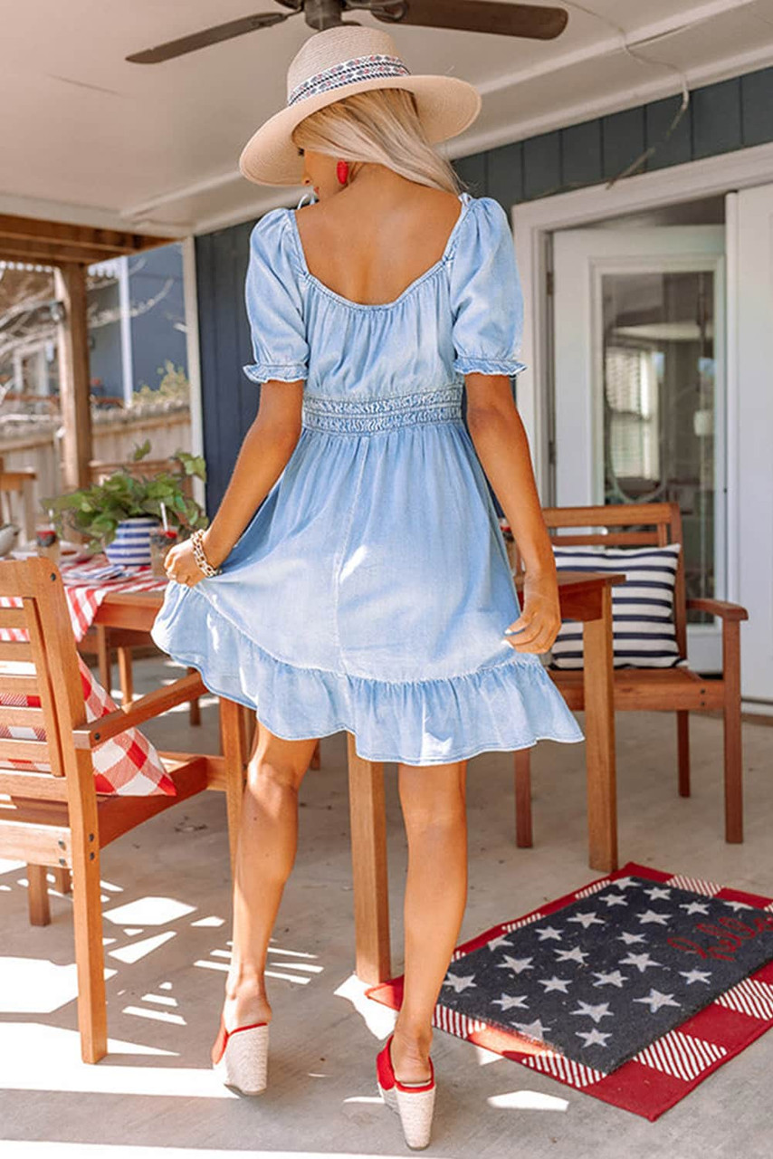 Sky Blue Square Neck Front Tie Ruffled Hem Chambray Dress