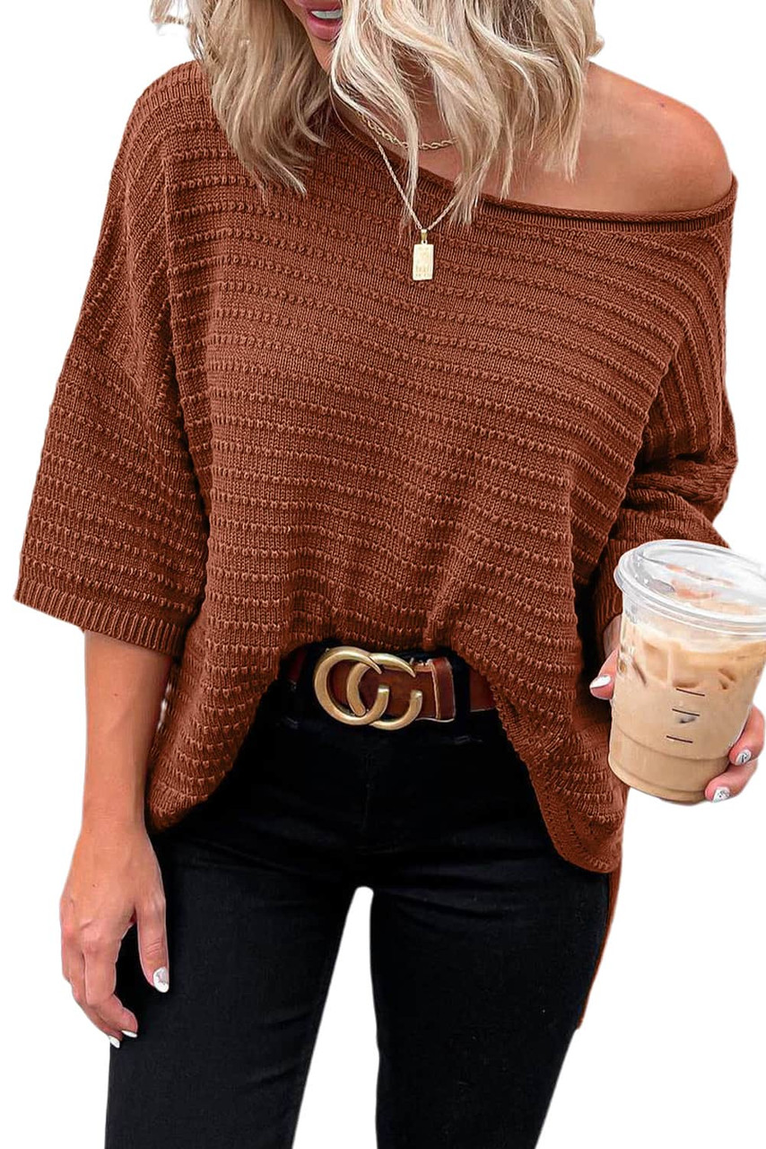 Brown Dotty Textured Knit Drop Shoulder Tee