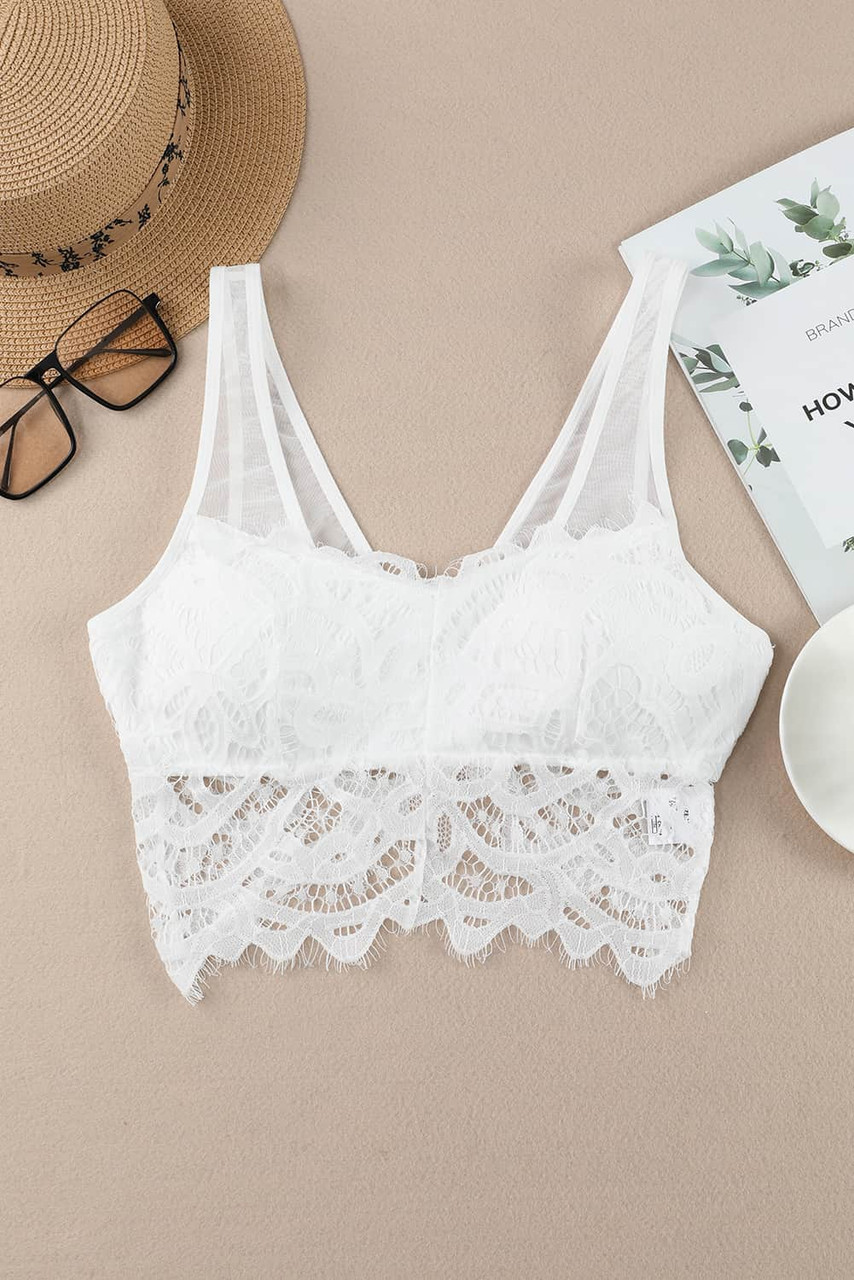 White Floral Lace Mesh Crochet Wide Strap V Neck Bralette