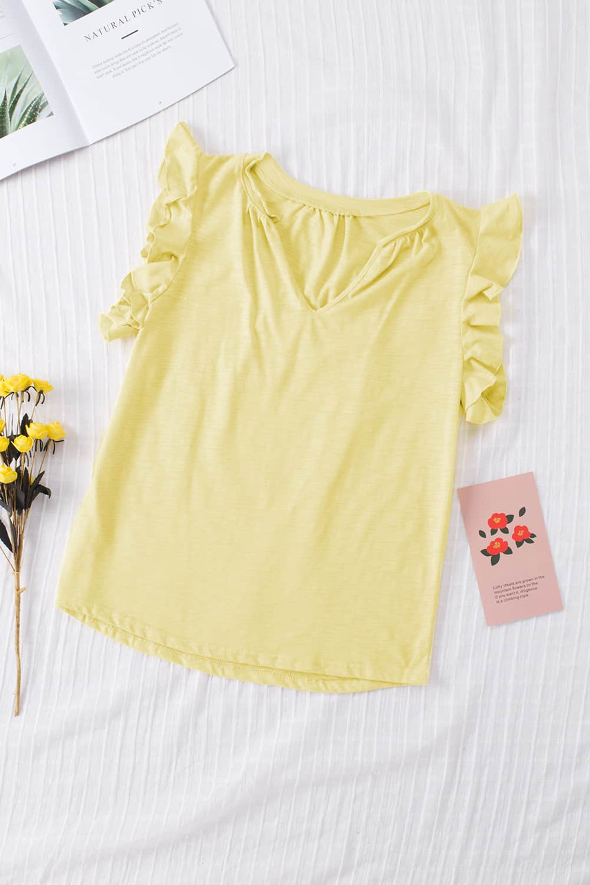 Yellow Casual Solid V Neck Butterfly Sleeve Tee