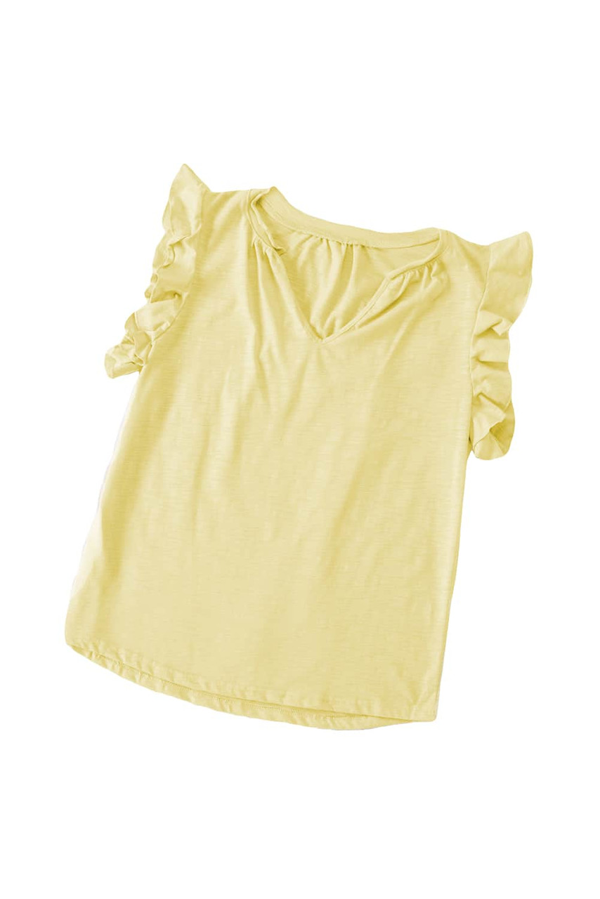Yellow Casual Solid V Neck Butterfly Sleeve Tee