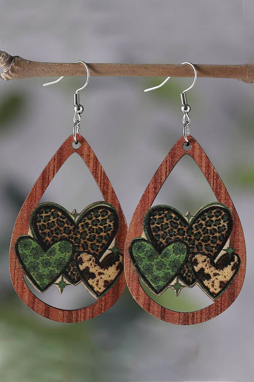 Brown Patrick\'s Day Hollow out Love Clover Earrings