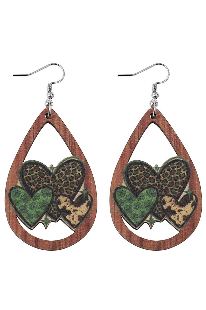 Brown Patrick\'s Day Hollow out Love Clover Earrings