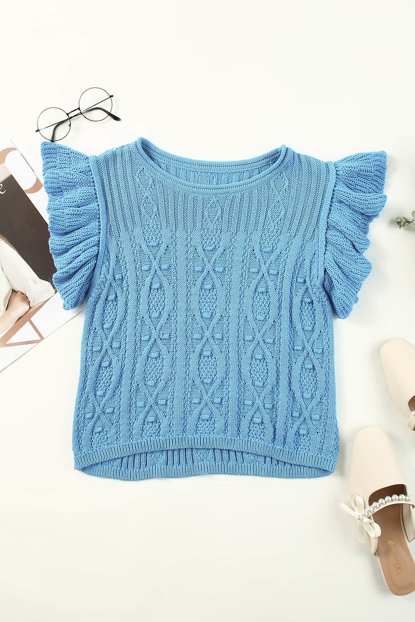 Sky Blue Ruffle Sleeve Cable Knit Sweater Sky Blue Ruffle Sleeve Cable Knit Sweater