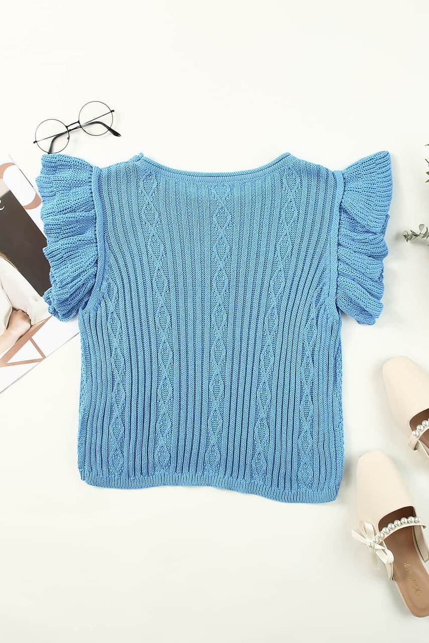 Sky Blue Ruffle Sleeve Cable Knit Sweater Sky Blue Ruffle Sleeve Cable Knit Sweater
