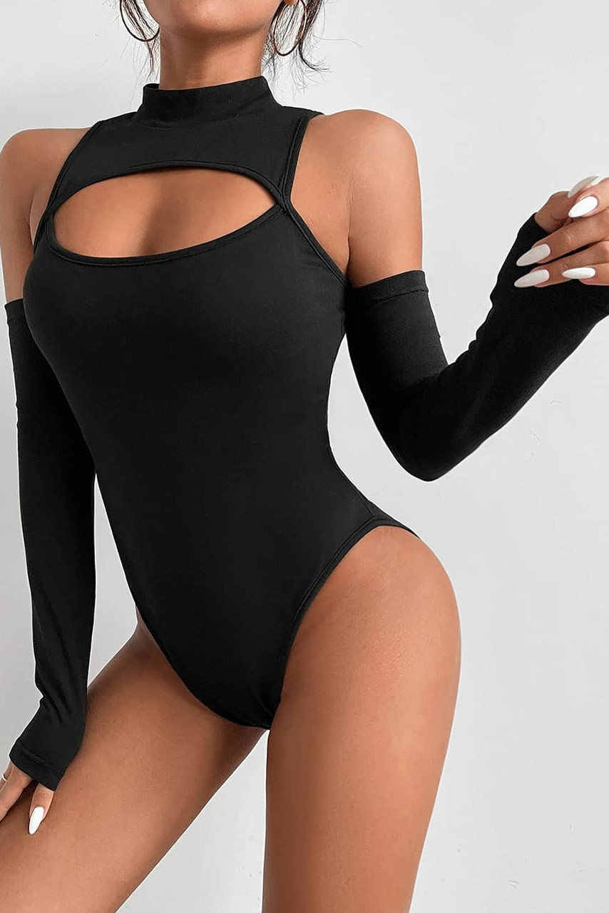 Black High Neck Cut Out Front Bodysuit