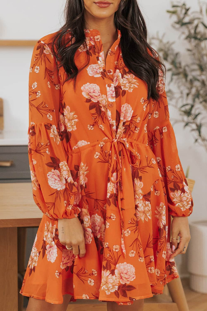 Orange Vintage Floral Print Drawstring Flowy Dress