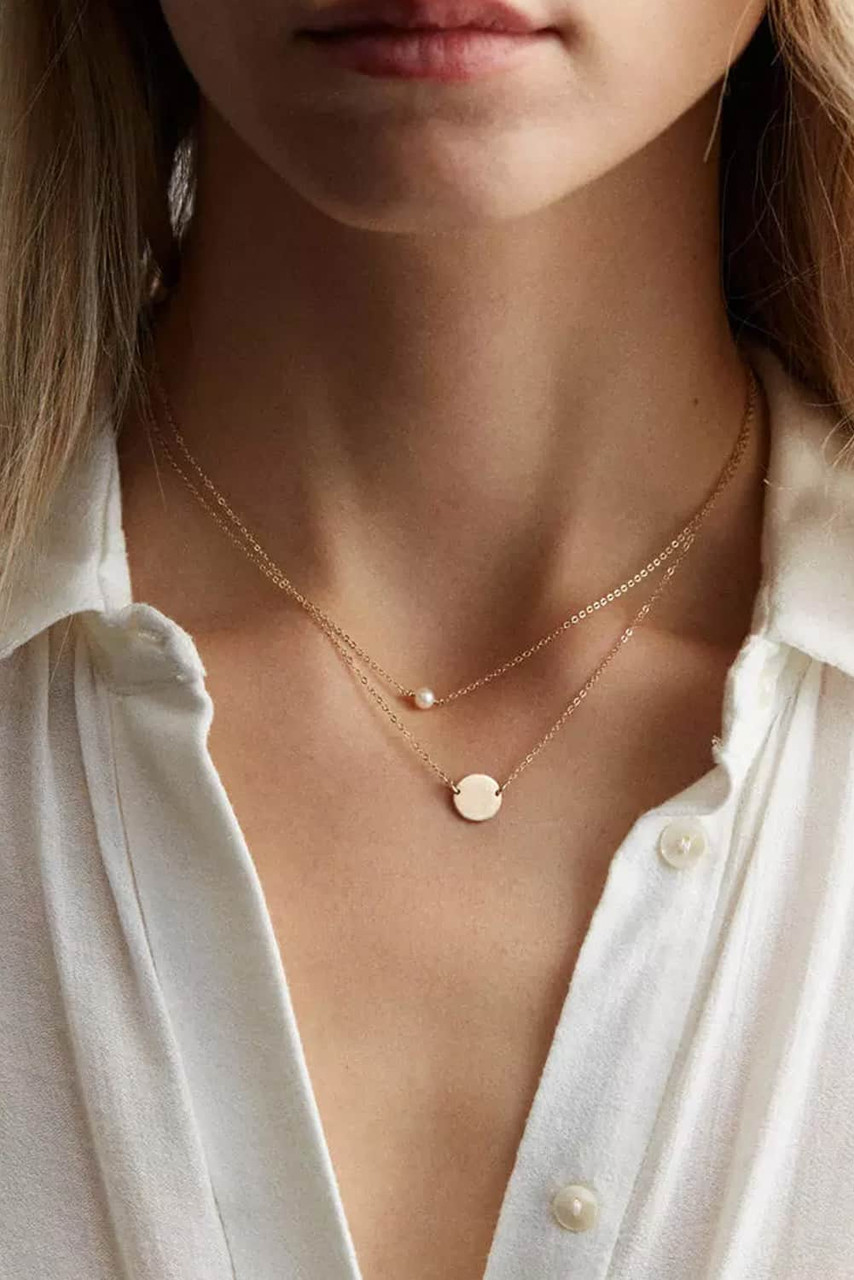 Gold Pearl Disc Dual-Layered Pendant Necklace