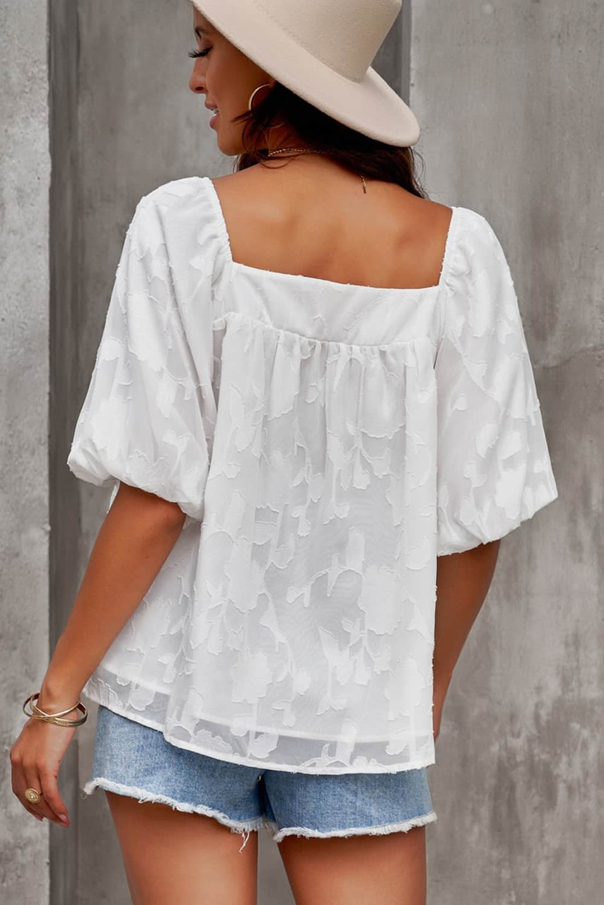 White Lush Printed Balloon Sleeve Ruched Chiffon Top