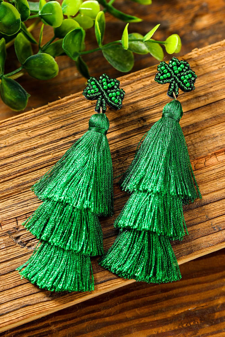 Green St. Patricks Day Beaded Layered Tassel Earrings