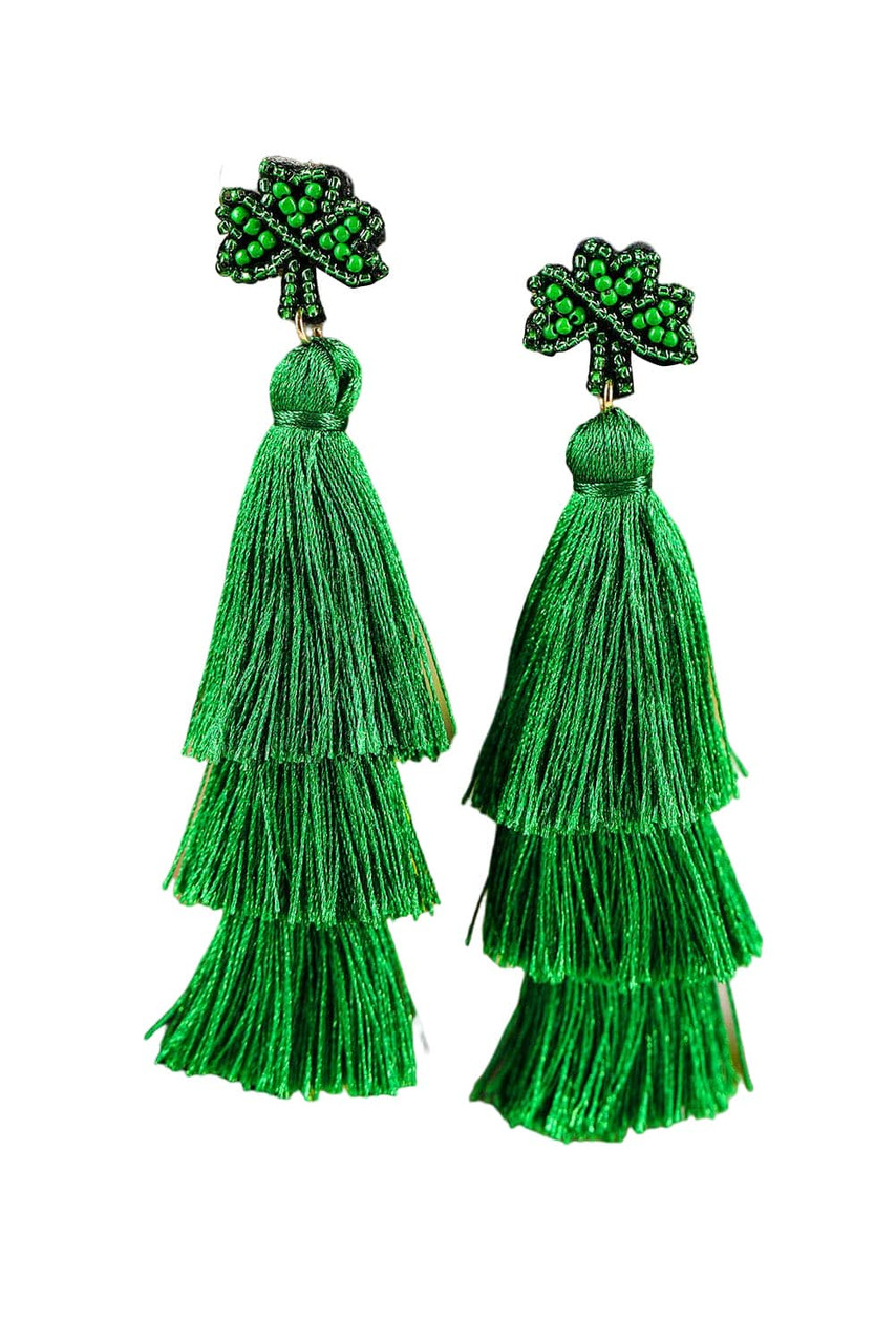 Green St. Patricks Day Beaded Layered Tassel Earrings