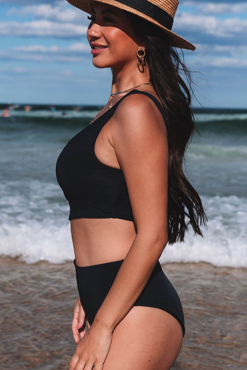 Black Asymmetric Bare Shoulder Cutout One Piece Swimsuit