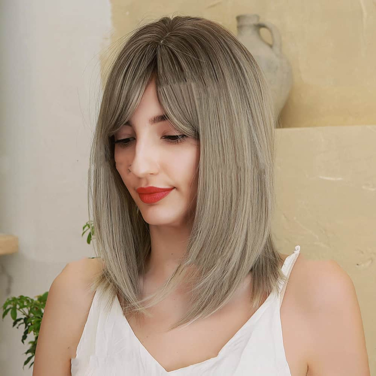 Wig  Eight-character Bangs Gradient Golden High-grade Gray Medium Straight Hair