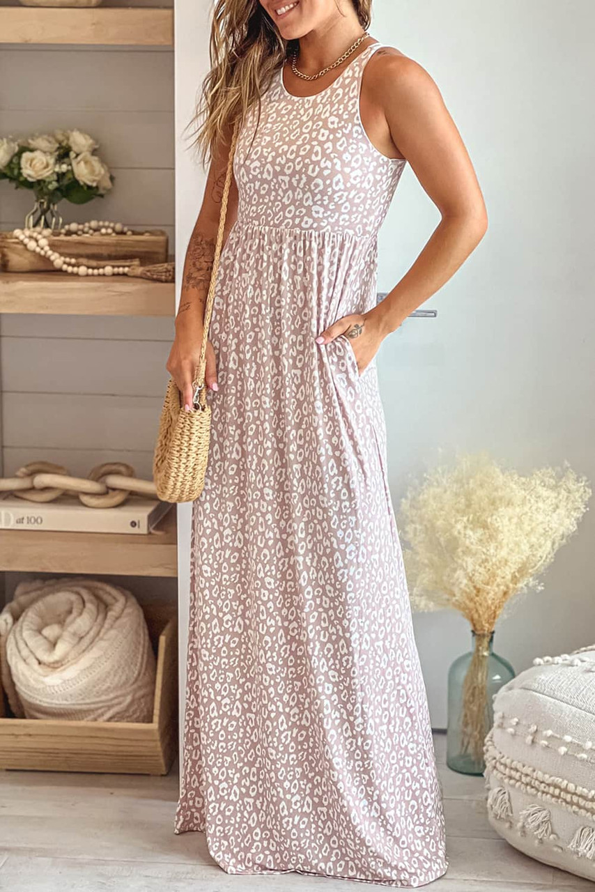 Pink Leopard Print Pocketed Sleeveless Maxi Dress