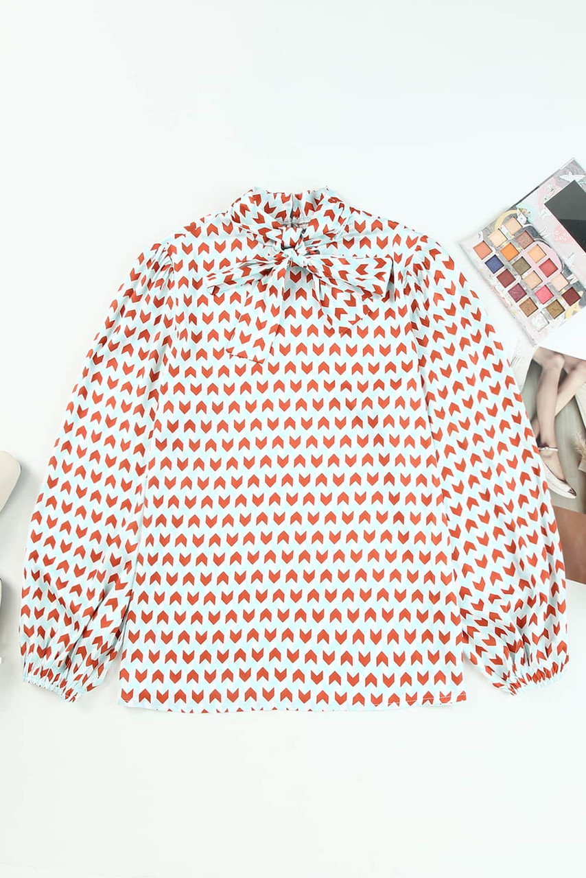 Multicolor Geometric Print Tie Puff Sleeve Blouse