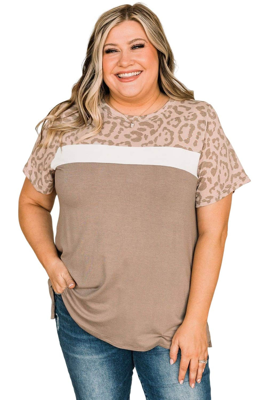 Khaki Leopard Yoke Color Block Plus Size Top