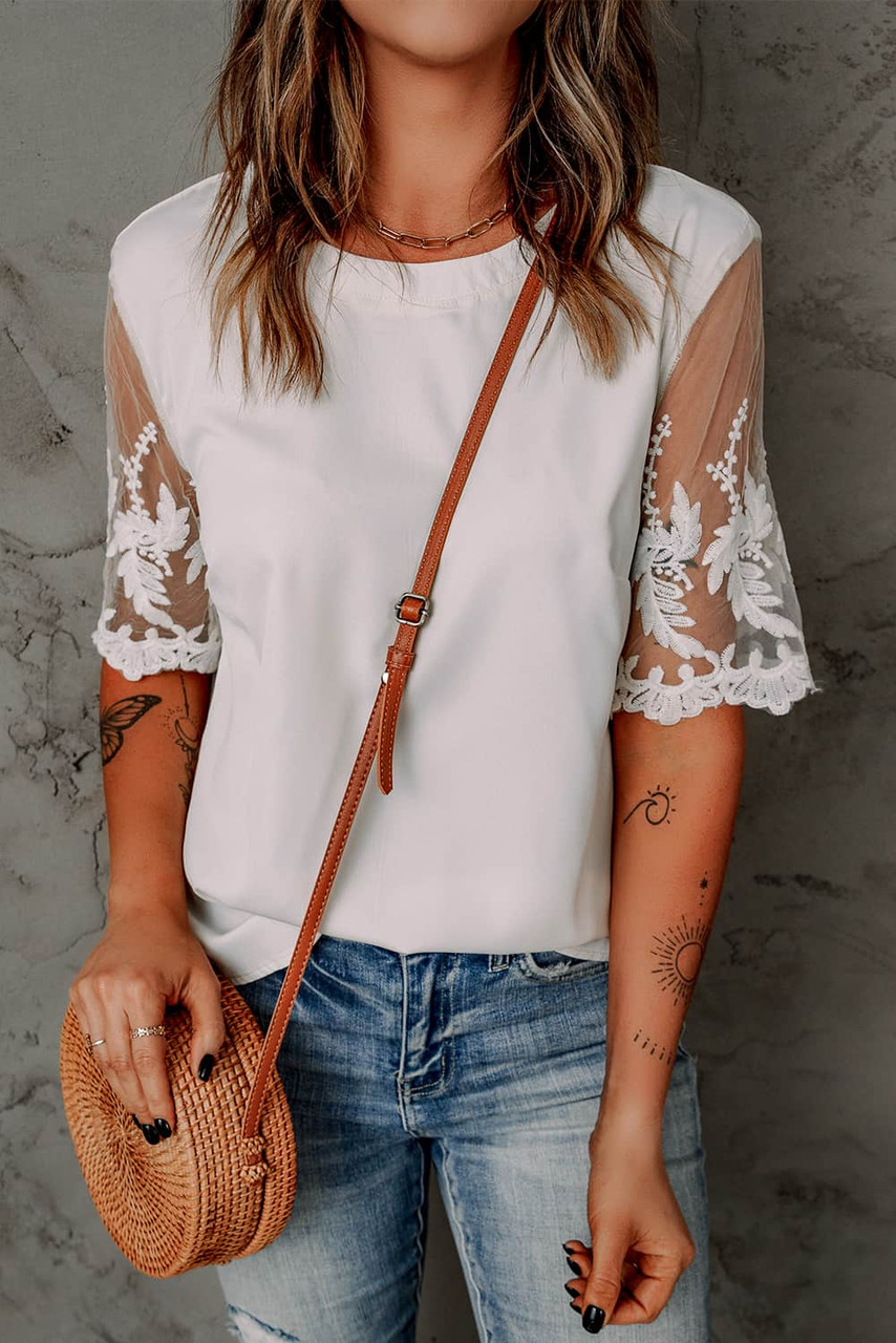 Blank Apparel - White Floral Lace Sleeve Patchwork Top Customized