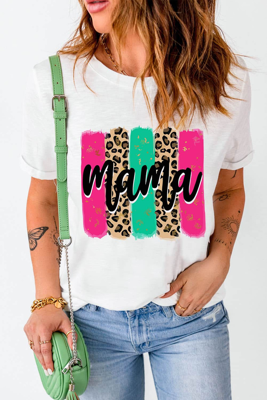 White mama Leopard Brush Stroke Graphic Print T Shirt