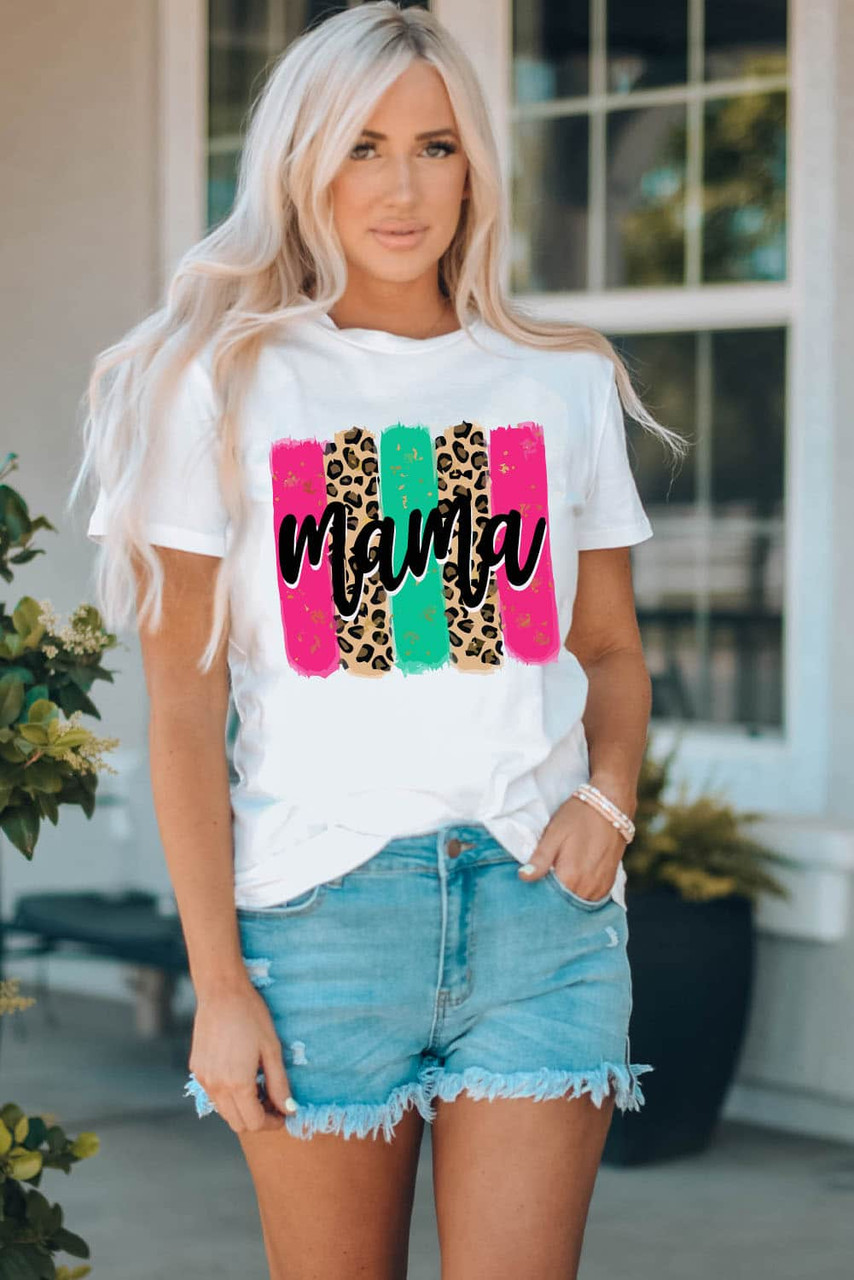 White mama Leopard Brush Stroke Graphic Print T Shirt