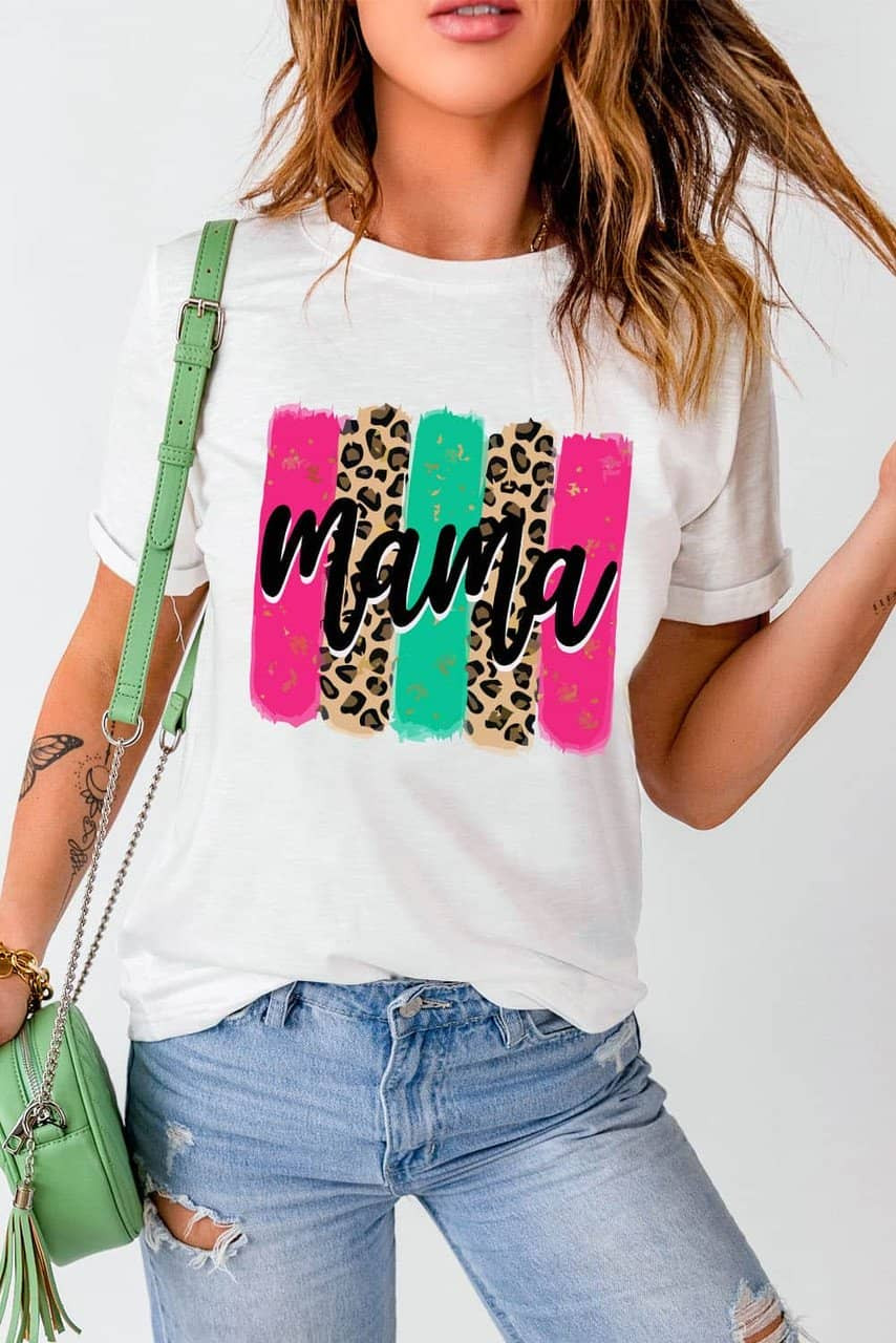White mama Leopard Brush Stroke Graphic Print T Shirt