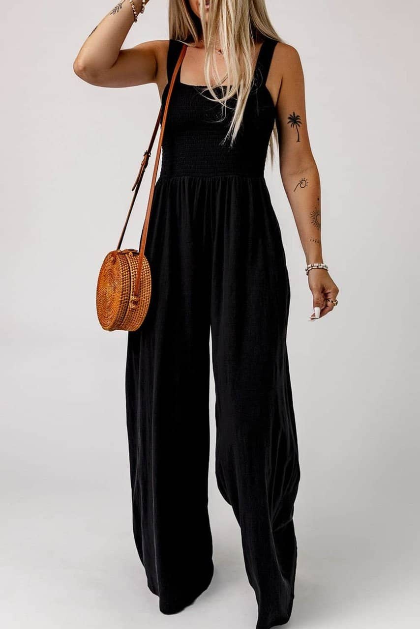 Black Smocked Sleeveless Wide Leg Jumpsuit with Pockets Black Smocked Sleeveless Wide Leg Jumpsuit with Pockets