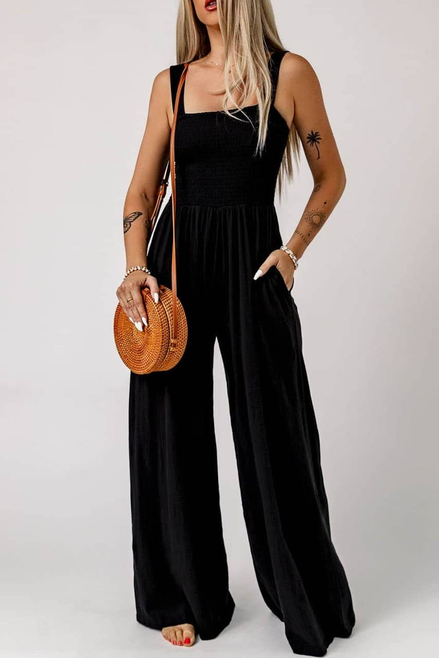 Black Smocked Sleeveless Wide Leg Jumpsuit with Pockets Black Smocked Sleeveless Wide Leg Jumpsuit with Pockets