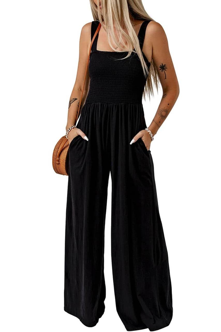 Black Smocked Sleeveless Wide Leg Jumpsuit with Pockets Black Smocked Sleeveless Wide Leg Jumpsuit with Pockets