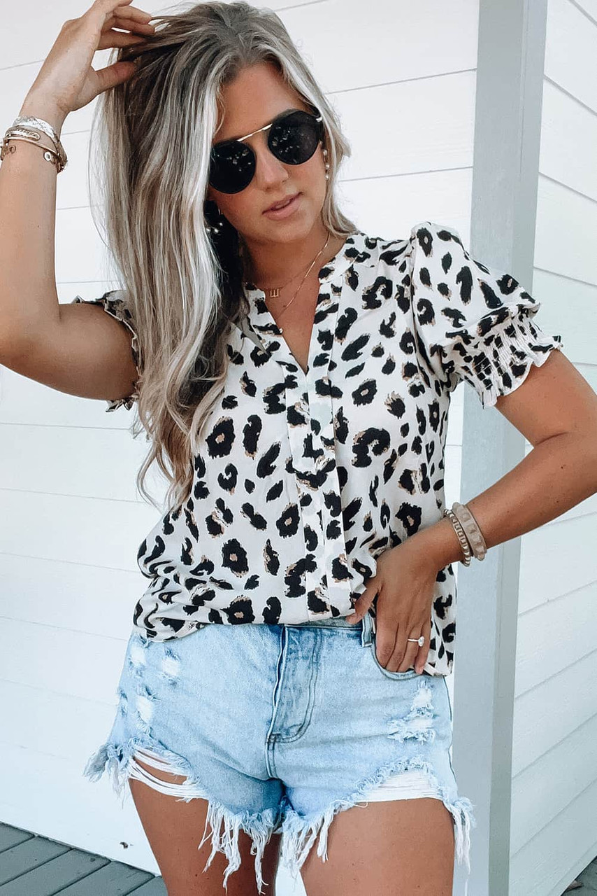 White Leopard Notch Neck Bubble Sleeve Blouse