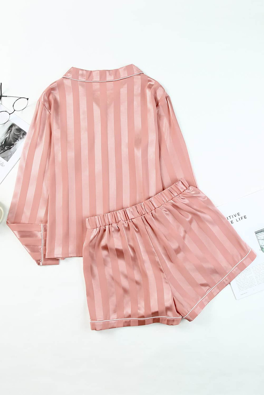 Pink Striped Print Buttoned Shirt and Drawstring Shorts Lounge Set Pink Striped Print Buttoned Shirt and Drawstring Shorts Lounge Set