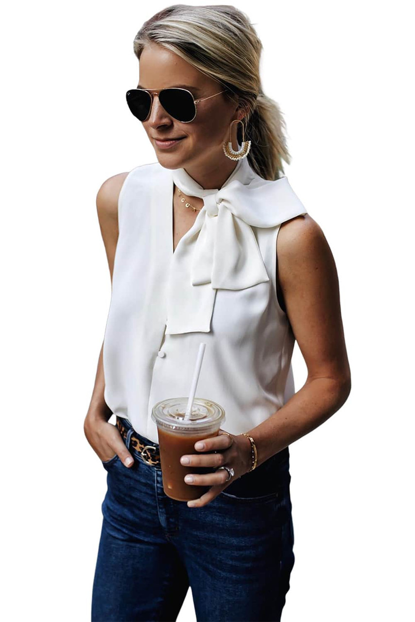 White Bow Tie V Neck Sleeveless Shirt