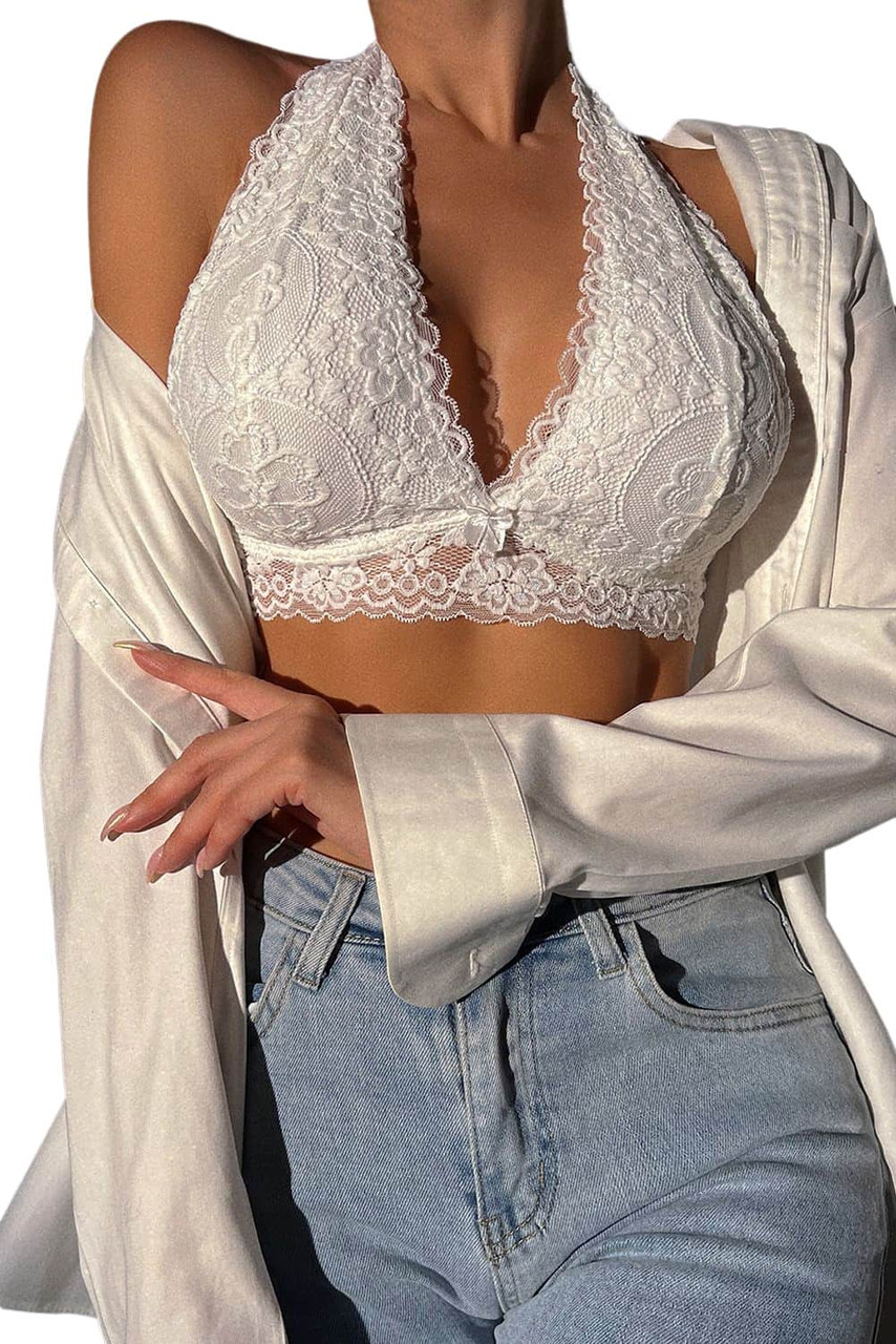 White Lace Crochet Halter Neck Bralette White Lace Crochet Halter Neck Bralette