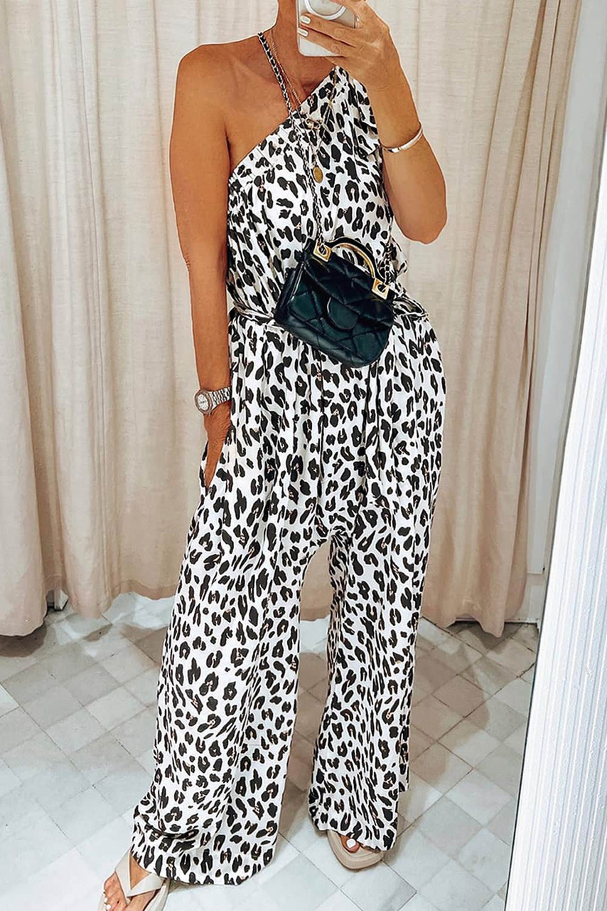 Leopard Print Slant One Shoulder Loose Jumpsuit